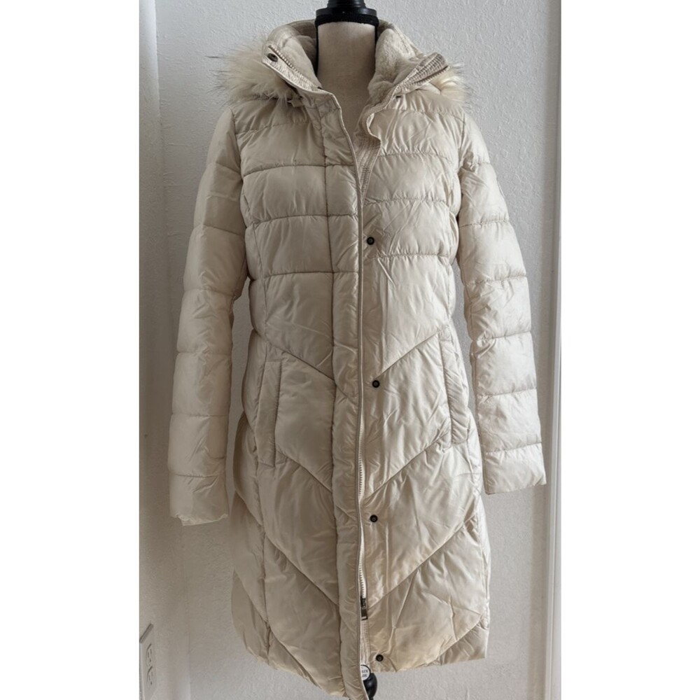Larry Levine Faux-Fur-Trim Hooded Puffer Coat Ivore Size Medium